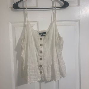 womens miss me white cropped tank with adjustable straps and buttons!
